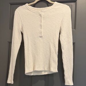 Everlane Cream Buttoned Ribbed Long Sleeve Top